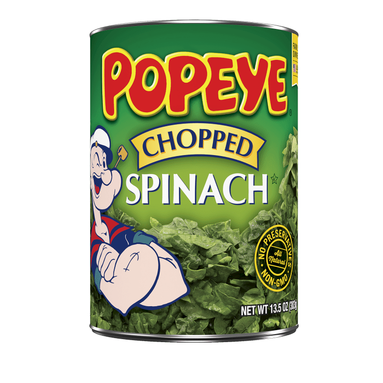 A can of Popeye brand chopped spinach