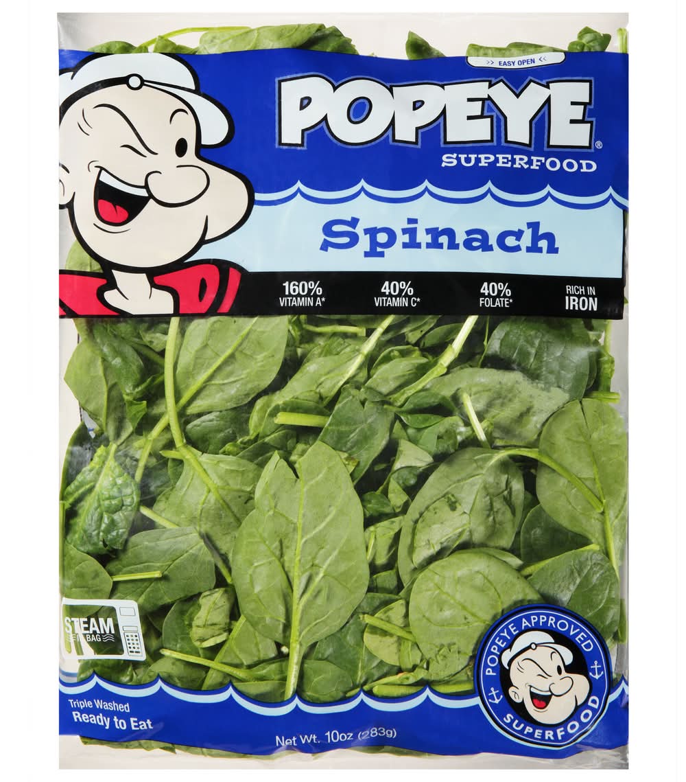 A bag of Taylor Farms Popeye Fresh Spinach
